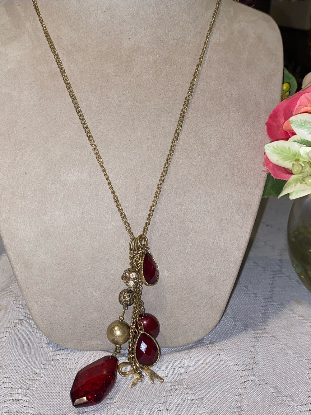 Vintage Style Gold & Red Charm Necklace